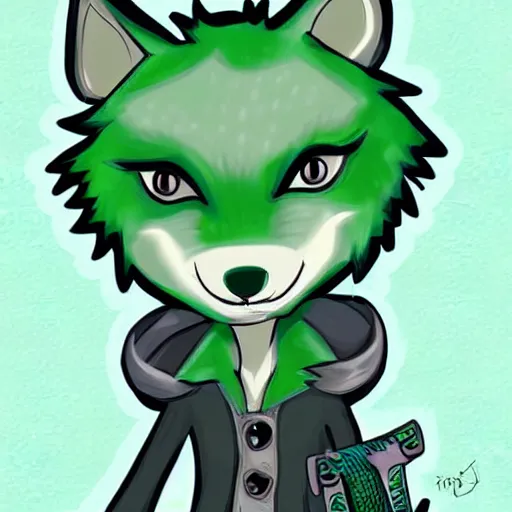 Image similar to Beautiful digital painting of an anthro anthropomorphic pastel-green wolf, Punk outfit.comic book, inked, cute, cozy