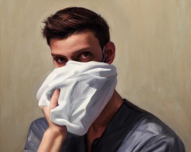 Image similar to masterpiece oil paint of a european young man covering face with fabric mask, trending on artstation, context art, extremely detailed