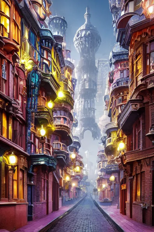 Image similar to a futuristic victorian city street, national geographic cover, award winning, 4 k, smooth, bright, light, colorful, victorian, futuristic,