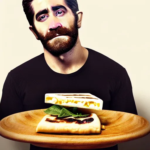 Image similar to food photography of jake gyllenhaal's face fused with halloumi cheese ( ( white halloumi cheese hybrid with jake gyllenhaal face ) ), jake gyllenhaal sentient cheese face fashioned from halloumi, by greg rutkowski