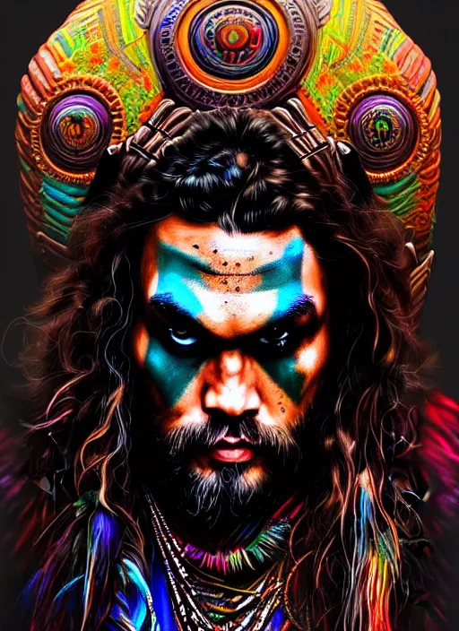 Prompt: portrait of jason momoa, hyper detailed ultra sharp aztec shaman warrior. trending on artstation, warpaint aesthetic, bloodwave, colorful, psychedelic, ornate, intricate, digital painting, concept art, smooth, sharp focus, illustration, art by artgerm and greg rutkowski and h. r. giger, 8 k