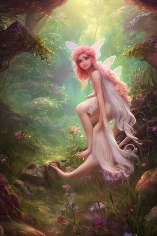 Image similar to a cute and geogerous fairy in the dreamy forest, fantasy, dreamlike, 8 k resolution, hyper detailed, d & d, character design, digital painting, trending on artstation, sharp focus, illustration, art by viktoria gavrilenko, hoang lap, fuji choko, steve zheng,