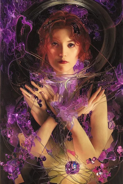 Prompt: she dreams of arcs of purple flame intertwined with glowing sparks, glinting particles of ice, dramatic lighting, steampunk, secret holographic cyphers, red flowers, bright neon solar flares, high contrast, smooth, sharp focus, art nouveau, painting by Caravaggio and Ayami Kojima and ruan jia and greg rutkowski and Alphonse Mucha