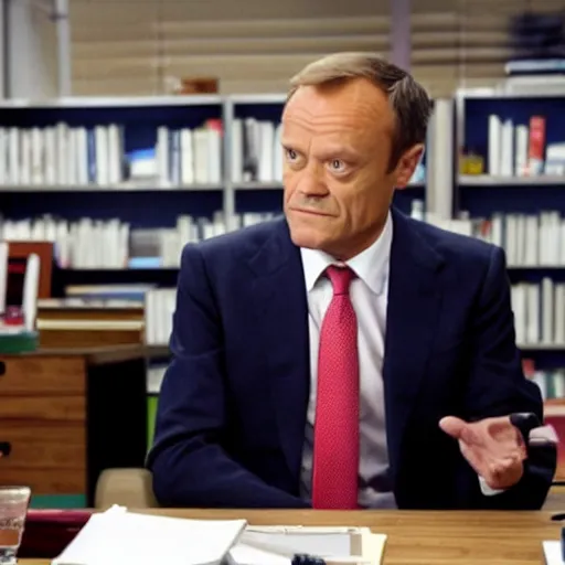 Image similar to Donald Tusk in a still from the american sitcom The Office