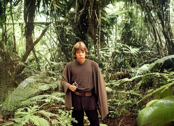 Image similar to Luke Skywalker at the new jedi temple school, in the jungle. Photographed with Leica Summilux-M 24 mm lens, detailed photorealistic face, ISO 100, f/8, Portra 400