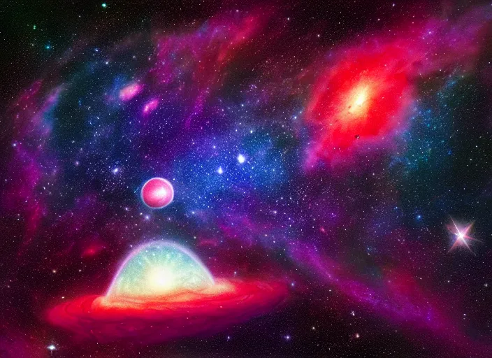 Prompt: watermelon in the deep space, galaxy nebula, abstract star patterns, space gas, myst, by robert mccall, nasa photo, hubble, comets, asteroids, artstation, hd, octane