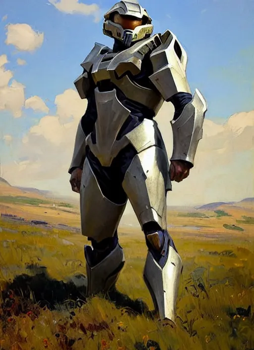 Image similar to Greg Manchess painting of a Corgian wearing Forerunner Armor from Halo, countryside, calm, fantasy character portrait, dynamic pose, above view, sunny day, artwork by Jeremy Lipkin and Giuseppe Dangelico Pino and Michael Garmash and Rob Rey, very coherent asymmetrical artwork, sharp edges, perfect face, simple form, 100mm