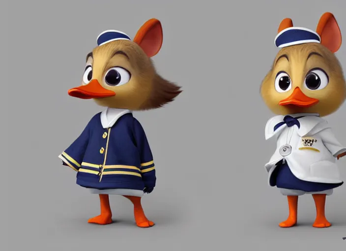 Image similar to award - winning detailed concept art of a cute iconic anthropomorphic duck character wearing a sailor suit. art by wlop on bcy. net, realistic. detailed feathers, art by cheng yi. artstationhd, artgerm, 3 dcg, pixar zootopia. 3 d rendering, high quality model sheet, donald. model sheet detailed