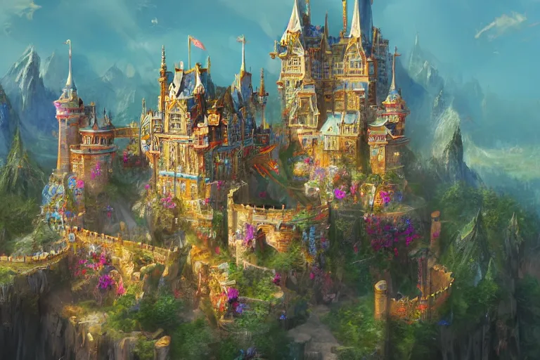 Prompt: beautiful extravagant castle, colorful, majestic, artstation, trending, highly detailed, concept art by li shuxing