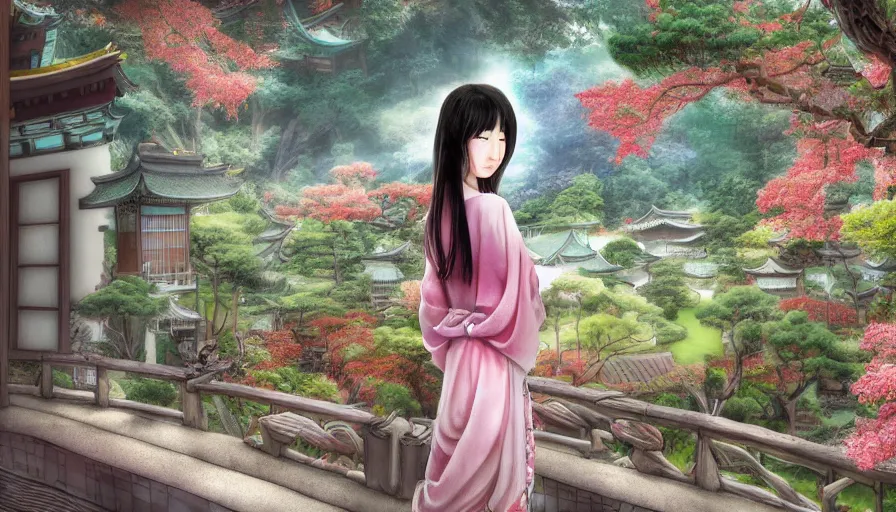 Prompt: zeenchin style digital painting of a beautiful girl in japan, looking out a window at a temple garden filled with yokai and spirits, deviant artist, zeen, uhd, high detail,