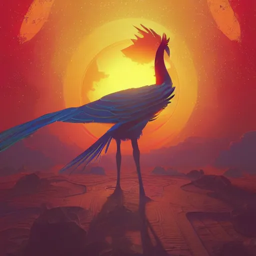 Image similar to optimism, the solarpunk phoenix, red bird, ornate egg, regeneration, landscape, epic composition, volumetric light, bokeh, painting by ilya kuvshinov and by makoto shinkai