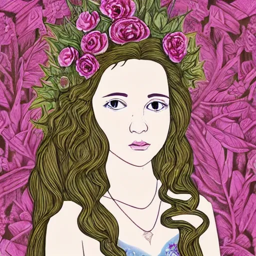 Image similar to portrait portrait of a princess in the castle setting of a girl in the castle of the wilds in the castle - handsome, dramatic style of flower illustration, head sculpted out of wood