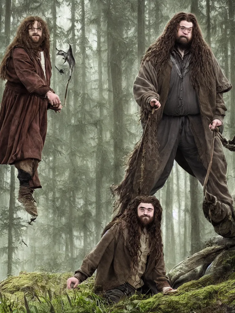 Prompt: Daniel Radcliffe as a Hagrid with a dragon in the background, forest clearing by Hagrids hut