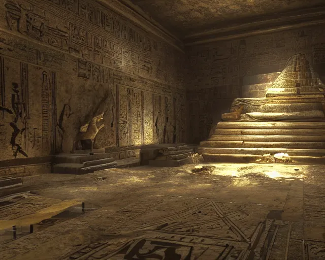 Prompt: screenshot of tomb raider ps 5, an ancient undiscovered egyptian treasure room entirely made of shiny gold, full of ingots and gems and precious, concept art, architecture design, pyramids style, rtx, nvidia, renderer