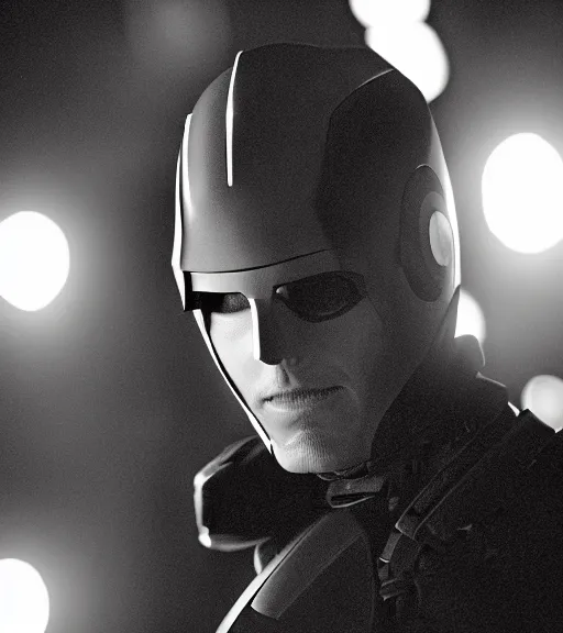 Image similar to Tom cruise wearing partial broken superior ironman mask only in pain and anger deep dark backlit night technoir cinematic monochromatic portrait photo by Leica Zeiss in detailed depth of field lens flare trending on Flickr realistic hd by frank Miller