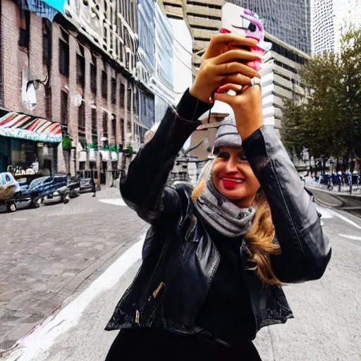 Prompt: Selfie of a woman with a shoe on her head.