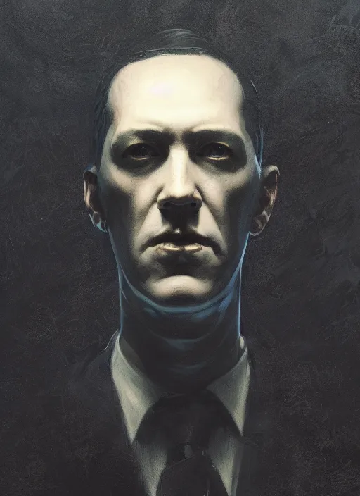 Image similar to highly detailed portrait of h p lovecraft by greg rutkowski, mike mignola, tom bagshaw artgerm and ross tran, beautiful dramatic dark moody lighting, cinematic atmosphere, glossy magazine painting, global illumination, deep color, 8 k resolution, high details, flickr, dslr, artstation