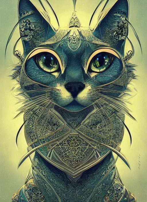 Image similar to geometric cat portrait, identical eyes, medium shot, fantasy, illustration, detailed line work, symmetrical, acid vintage color palette, artstation, hyper detailed, cinematic lighting, incredibly detailed and intricate, ornate, by peter mohrbacher