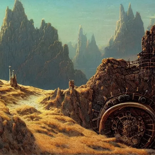 Image similar to filigree landscape, rocks, steampunk mountains, trinkets, beksinski