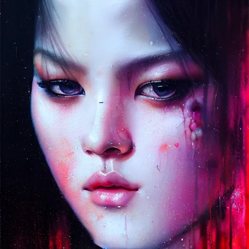 Image similar to blackpink, hyperrealistic portrait, bladerunner street, by karol bak and agnes cecile, fantasy art, photo realistic, dynamic lighting, artstation, poster, volumetric lighting, very detailed face, intricate complexity, rule of thirds, 8 k, award winning