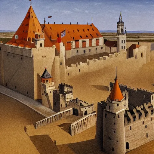 Prompt: painting of Cracow Wawel castle buried in the sands of a vast desert, most of the castle is covered in sand, beautiful lighting, detailed, realistic