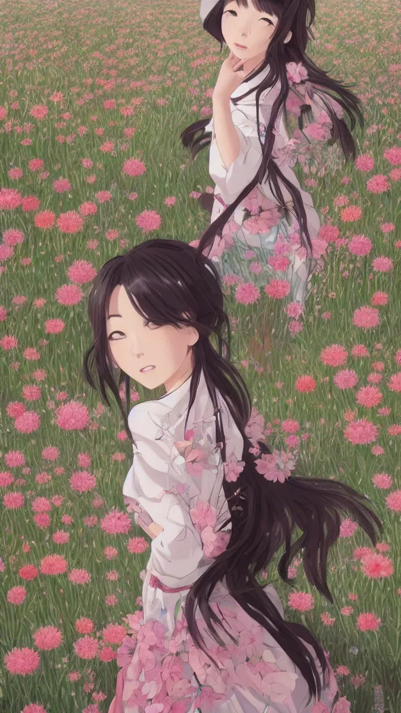 Prompt: portrait of a japanese girl dancing in a field full of flowers, detailed, elegant, highly detailed, artstation, concept art, illustration, sharp focus, anime, art by kurozaki sakura,