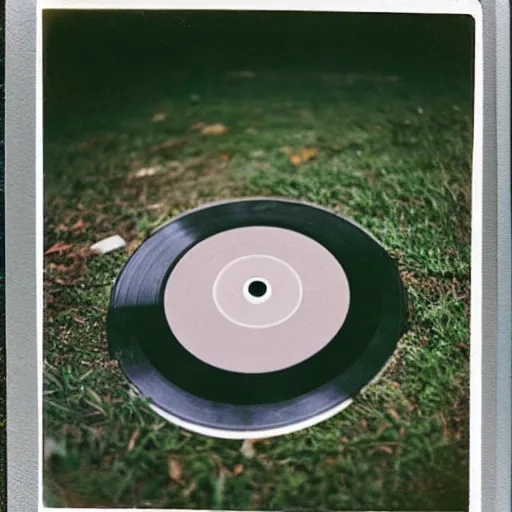 Image similar to a vinyl disc on a hole in the ground, with a shovel next to it, polaroid shot