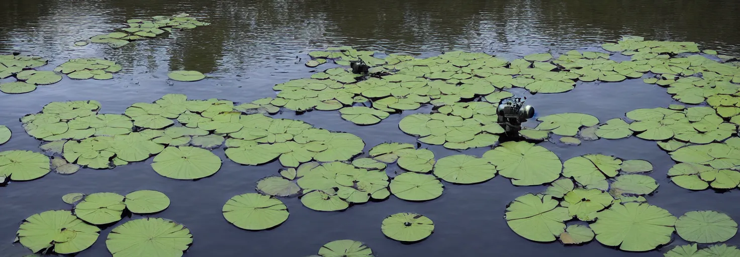 Image similar to A large combat robot lies in the shallow waters of a lake, water lilies float on the surface of the water, sun dawn, futuristic