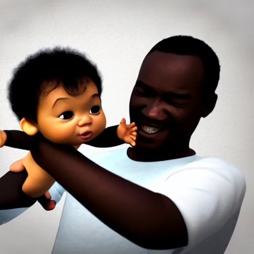 Image similar to black baby held by confused asian man, award winning art, pixar, 3 d render, unreal engine