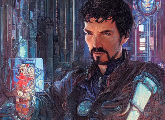 Prompt: a highly detailed cyberpunk portrait of stephen strange, james gurney, james jean