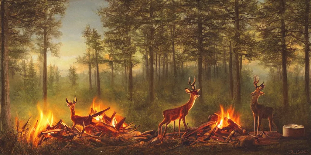 Prompt: A deer sitting next to a campfire in the forest. The deer is holding a cup of tea, watching the sunset, highly detailed painting