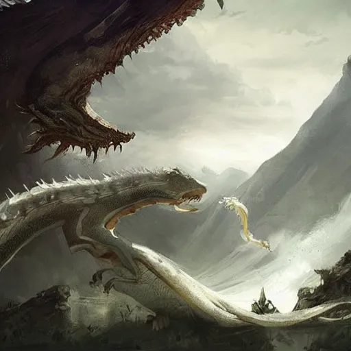 Image similar to a long white oriental dragon, landscape, by greg rutkowski, fantastic