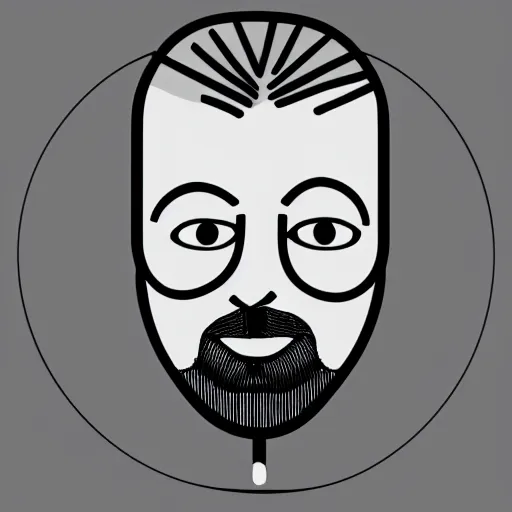 Image similar to minimalistic line portrait of bald short - bearded man with round face, small eyebrows, wide lips and kind blue eyes, black and white, pictogram, ink, pencil