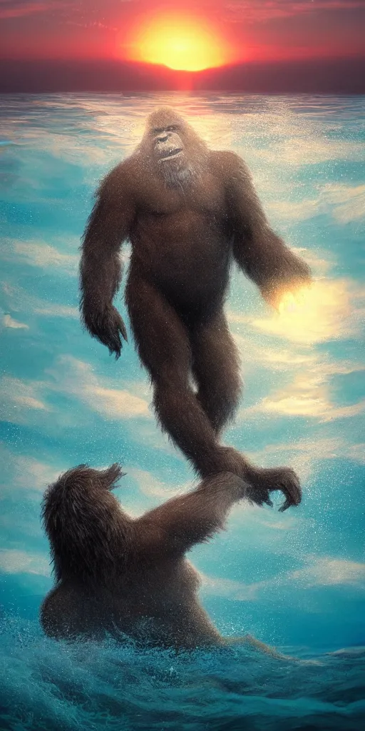 Prompt: a beautiful rendered picture of a sasquatch from instagram in the ocean at sunset by Nick Silva, trending on artstation, 8k