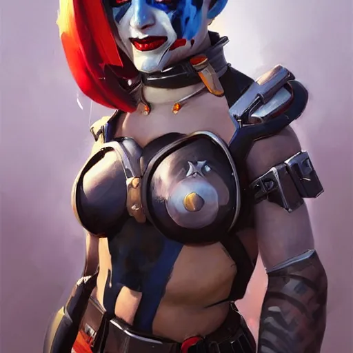 Image similar to greg manchess portrait painting of armored harley quinn as overwatch character, medium shot, asymmetrical, profile picture, organic painting, sunny day, matte painting, bold shapes, hard edges, street art, trending on artstation, by huang guangjian and gil elvgren and sachin teng