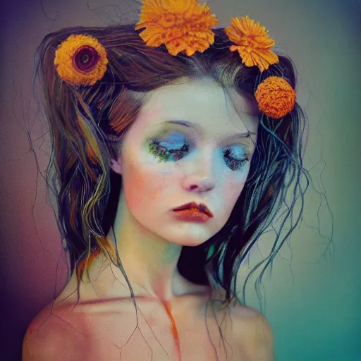 Prompt: realistic expired kodak film portrait of an angel woman tentacled creature mix, marigold celestial vibe, hyperrealism, hypermaxiymalism, photorealistic, detailed, atmospheric, 8 k, award winning photography, cinematic