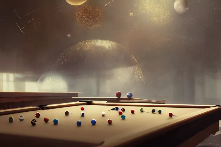 Image similar to a billiards table with planets for balls, matte painting, long shot, concept art, wide shot, digital art, trending on artstation, 4 k, extremely detailed, realistic, midday, warm colors, golden sunlight, by greg rutkowski, cinematic, epic