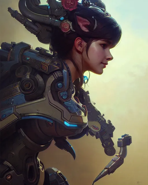 Prompt: d. va from overwatch, character portrait, concept art, intricate details, highly detailed by greg rutkowski, michael whelan and gustave dore
