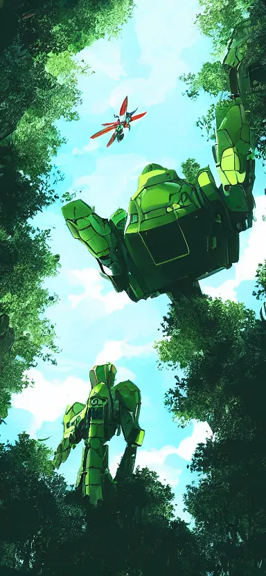 Image similar to close up pilot, looking up at giant humanoid plant mech, coming through treetops, forest, key art, sharp lines, towering above a small person, aesthetic, anime, trigger, shigeto koyama, hiroyuki imaishi