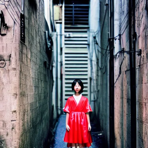 Prompt: a perfect 8K HD professional photo of japanese girl posing, wearing dress in sci-fi dystopian alleyway, at instagram, Adobe Lightroom, taken with kodak portra
