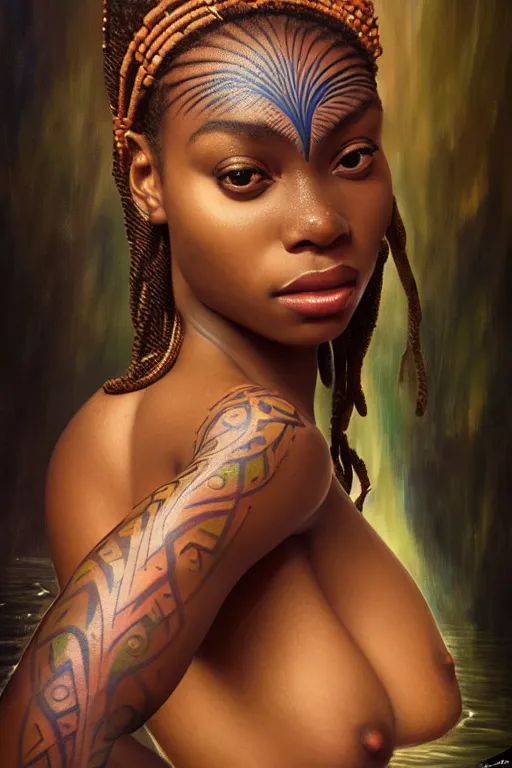 Image similar to body portrait of beautiful nubian ancestral tribal tattooed young pincess, underwater photography full body portrait of a young beautiful woman swimming low angle by terry o'neill intricate, elegant, highly detailed, digital painting, artstation, concept art, smooth, sharp focus, illustration, art by artgerm and greg rutkowski and alphonse mucha, 8 k