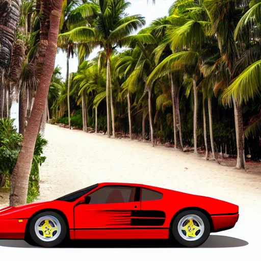 Image similar to a red Ferrari testarossa on a road next to a white sand beach with palm trees. 16bit graphics.