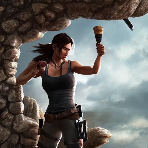 Image similar to Lara croft eat ice cream ,dramatic, intricate, highly detailed, concept art, smooth, sharp focus, illustration, Unreal Engine 5, 8K