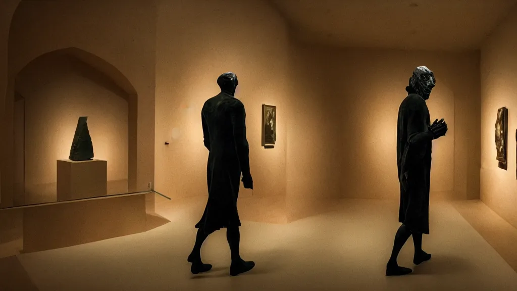 Prompt: the strange disdainful creature walks through the museum, made of wax and blood, film still from the movie directed by Denis Villeneuve with art direction by Salvador Dalí, wide lens