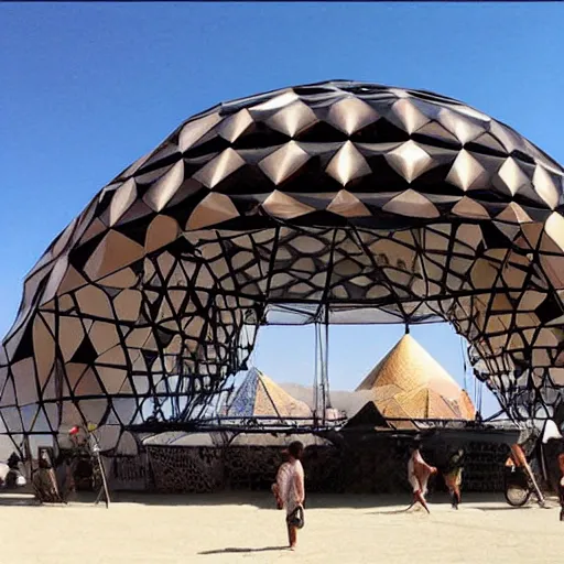 Image similar to epic geometric cat shaped canvas dome stage installation burning man playa