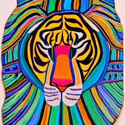 Image similar to an image of a tiger wearing a headdress, a detailed painting by Laurel Burch, pinterest contest winner, psychedelic art, detailed painting, made of beads and yarn, outlined art