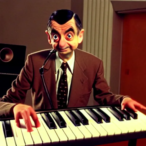 Image similar to mr. bean playing a synthesizer. movie still. cinematic lighting.