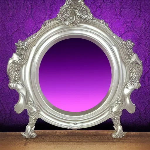 Prompt: a mirror in the shape of an antique silver tray floating and shooting purple magic in a castle, digital art