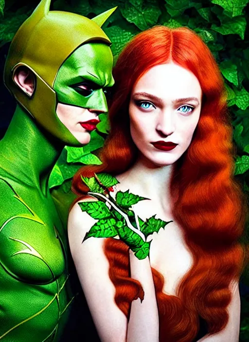 Image similar to “ a beautiful portrait of daria strokous as poison ivy kissing batman, highly detailed, in the style of cinematic, makeup by patmcgrath, greg rutkowski ”