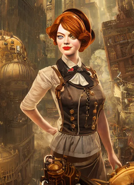 Prompt: Bioshock steampunk portrait of Emma Stone, au naturel, hyper detailed, digital art, trending in artstation, cinematic lighting, studio quality, smooth render, unreal engine 5 rendered, octane rendered, art style by klimt and nixeu and ian sprigger and wlop and krenz cushart.